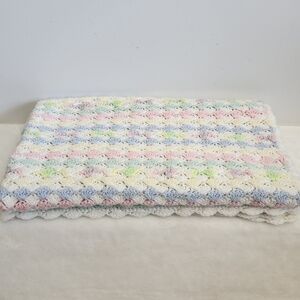Crochet Handmade Pastel Pink Blue White Throw Lap Baby Blanket Afghan